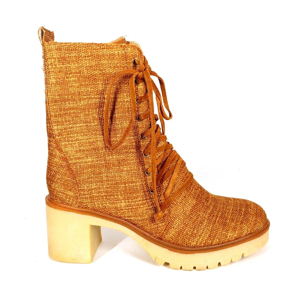 Mi.im Shoes Womens Jamie Combat Straw Tweed Boots Lug Gum Sole Camel 7.5 New